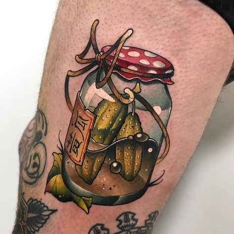 Pickles tattoo by @grechatattoo at No Name Tattoo Shop in St. Petersburg Russia #grechatattoo #germangorbunov #nonametattooshop #stpetersburg #saintpetersburg #russia #pickles #picklestattoo #pickle #pickletattoo #tattoo #tattoos #tattoosnob Mason Jar Tattoo, Jar Tattoo, Food Tattoos, Bottle Tattoo, Tattoo Magazine, Rat Bike, Tatuaje A Color, Tattoo Girl, Large Tattoos