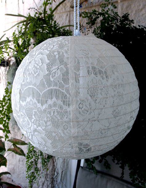 Cheap Lanterns, Fabric Lantern, Lace Lanterns, Paper Lantern Lights, Chinese Paper Lanterns, Round Paper Lanterns, White Lace Fabric, Wedding Lanterns, How To Make Lanterns