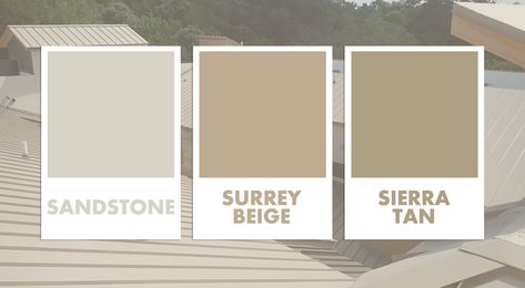 Beige or tan metal roof and wall systems Light Brown Metal Roof, Tan Metal Roof House Colors, Beige Metal Roof, Tan Metal Roof, Tan Roof House Colors, Metal Building Colors Schemes, Office Updo, Beige House Exterior, Cottage Deck