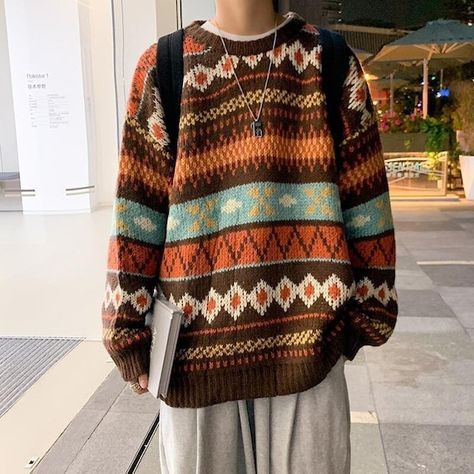 80s 90s Men Long Sleeve Crew Neck Argyle Geometric Knitted | Etsy Mode Hippie, Retro Sweater, Bottoming Shirt, Swaggy Outfits, Ethnic Style, Jumper Sweater, Casual Pullover, Looks Style, Mode Inspiration