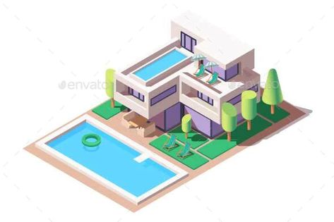 Isometric House with Modern Design and Pool by evanat | GraphicRiver Aesthetic Environment, Isometric House, Building Cartoon, 3d Isometric, House Icon, Base Building, House Design Ideas, Big Building, Tree Vector