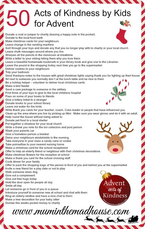 50 Acts of Kindness by Kids for Advent!  Also comes with several free printables, including this poster and some cute Christmas trees with the kindness ideas on them! Alternative Advent Calendar, Joulun Aika, Juleverksted For Barn, Kindness Elves, Kindness Ideas, 2 Advent, Advent Activities, Christmas Tablescape, Christmas Activities For Kids