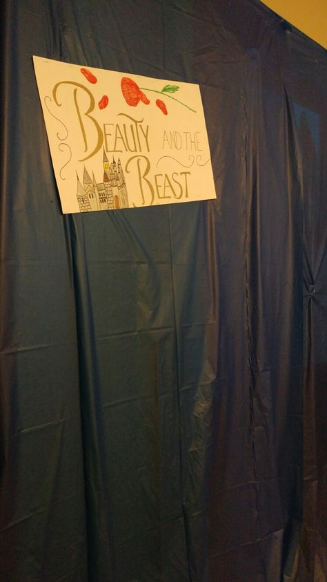 Beauty and the Beast Photo booth with a poster and plastic table cloth! Plastic Table Cloth, Plastic Table, Plastic Tablecloth, Plastic Tables, The Beast, Beauty And The Beast, Photo Booth, Table Cloth, Beauty