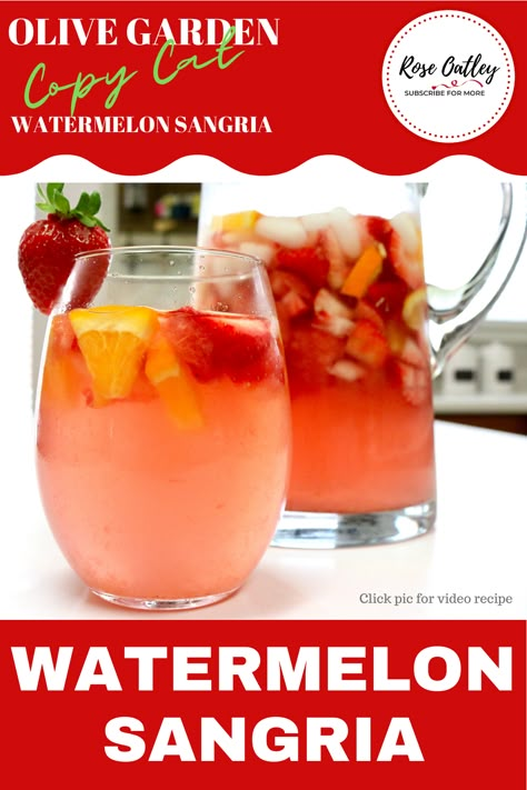 Watermelon Sangria Olive Garden, Olive Garden Watermelon Sangria Recipe, Olive Garden Sangria, Olive Garden Sangria Recipe, Watermelon Sangria Recipe, Anniversary Recipes, Olive Garden Copy Cat, Holiday Sangria Recipes, Cocktail Strawberry