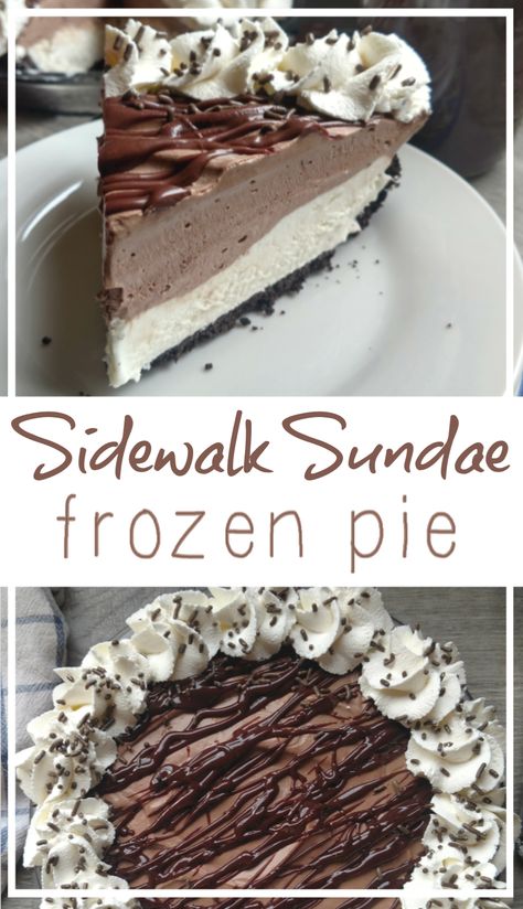 Sidewalk Sundae Pie: Creamy vanilla & chocolate filling with fudge ganache & served up in an Oreo cookie crust. It's a "homemade" ice cream pie without using an ice cream maker. Homemade Ice Cream Pie, Frozen Chocolate Pie, Ice Cream Pie Recipe, Ice Cream Pie, Oreo Cookie Crust, Frozen Pie, Chocolate Cream Pie, Cream Pie Recipes, Frozen Chocolate