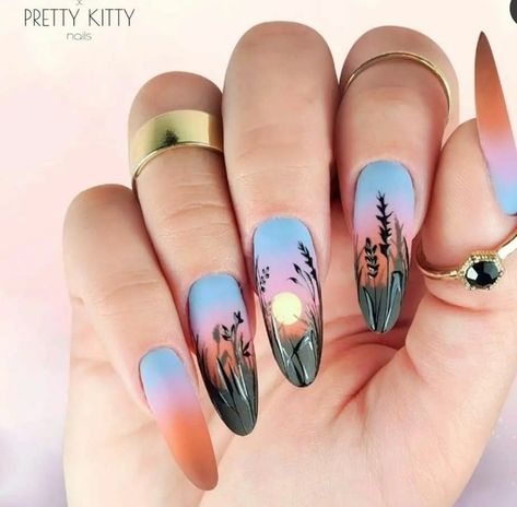 Gold Nails French, Cosmic Nails, Galaxy Nail Art, Sunset Nails, August Nails, Sky Nails, Geometric Nail, Fancy Nails Designs, Nail Art Designs Videos