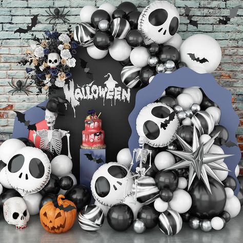 PRICES MAY VARY. 🎃 Halloween Party Decoration Balloon - 123 Pack Halloween balloon arch garland kit: Black Balloons (1pc*18in, 10pcs*12in, 15pcs*10in, 15pcs*5in), White Balloons (1pc*18in, 25pcs*10in, 15pcs*5in), 4pcs 18inch Skull Head Balloons, 1pc Explosion Star Foil Balloons, 6pcs 10inch Agate Black Balloons, 15pcs 5inch Silver Balloons, 12pcs 3D Bat Sticker, 16ft stripe tape and 100pc sticky dots. Transform your space into a spooky and festive Halloween party or any event with this incredib Halloween Decorations Balloons, Ghost Theme Party, Skeleton Birthday, Halloween Balloon Arch, Star Skull, Bat Sticker, Haunted House Halloween Party, Silver Balloons, Halloween Balloon