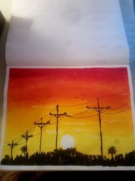 Road Sunset Painting, Electric Post Drawing, Sunset Electric Pole Painting, Street Light Painting Acrylic, Road Into Sunset Painting, Acrylic Sunset, Power Lines, Light Pole, Scenery Paintings