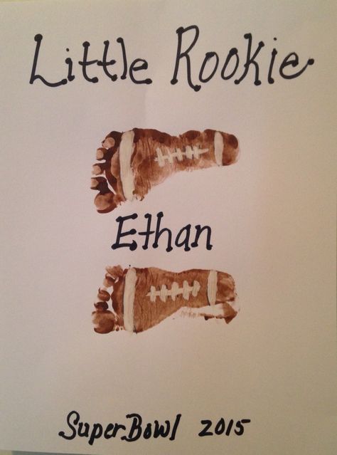 Infant Football Art, Super Bowl Toddler Activities, Football Kids Crafts, Football Infant Art, Football Crafts For Infants, Football Footprint Art, Football Footprint Craft, Sports Art For Toddlers, Footprint Football