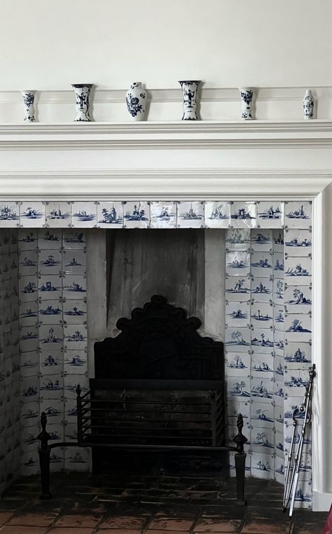 Self Blue & White Tile Fireplace in Cape Cod White Tile Fireplace, Blue White Tile, Tile Fireplace, Delft Tiles, Cement Tiles, Fireplace Tile, White Tiles, Fireplace Mantle, Cement Tile