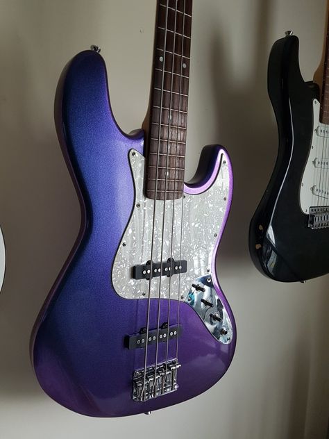 Colour changing custom jazz bass purple to blue Purple Bass Guitar Aesthetic, Purple Bass Guitar, Bass Guitar Chords, Guitar Light, Purple Guitar, Blue Electric Guitar, Guitar Obsession, Cool Electric Guitars, Bass Music