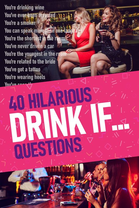 Stick to the classics and enjoy the hilarious Drink If Game to celebrate your upcoming (or postponed) hen party 2020/21. CLICKTHROUGH for the free Drink If Game & Ideas. #hendo #henparty #henpartygames #drinkinggames #hendodares #fungames #bacheloretteparty #partygames #wedding2020 #wedding2021 #drinkif Pub Games Ideas, Drinking Dares List, Drink If Questions, Party Drinking Games, Hen Do Games, Drink If Game, Beer Games, Drink If, Game Hen