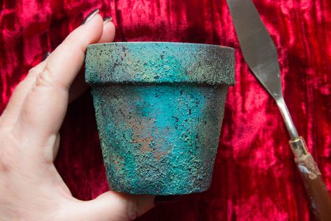 DIY Rust Pastes & Patina Mixes – Project Ideas! | Thicketworks Patina Diy, Aging Terra Cotta Pots, Patina Paint, Patina Metal, Terra Cotta Pot, Faeries Gardens, 15 Diy, Copper Patina, Faux Finish