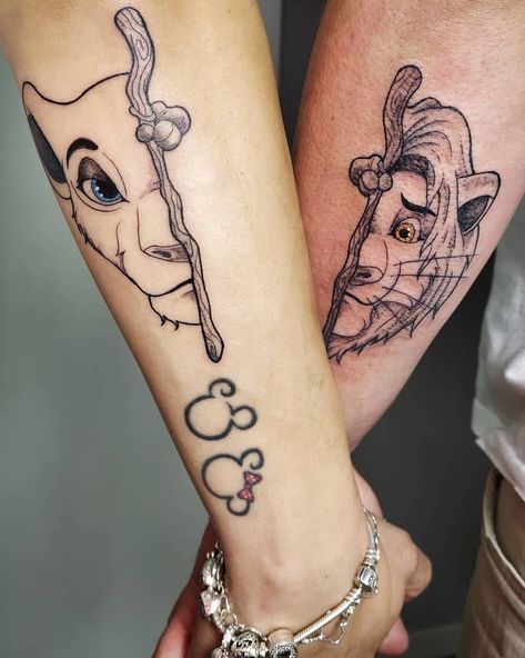 Couple Disney Tattoos Matching, Disney His And Hers Tattoos, Lion King Couple Tattoos, His And Her Disney Tattoo, His And Hers Tattoos Couple Tat, Disney Couples Tattoos, Simba And Nala Tattoo, Nala Tattoo, Disney Tattoos For Men