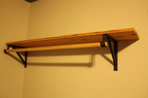 Closet Rod Support, Closet Rod Bracket, Wood Closet Shelves, Front Closet, Wood Closet, Rustic Laundry Rooms, Wooden Closet, Rod Bracket, Closet Rods