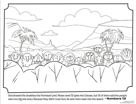 Kids coloring page from What's in the Bible? featuring the 12 spies in Canaan from Numbers 13. Volume 3: Wanderin' in the Desert. Joshua And Caleb, Bible Coloring Sheets, Bible Crafts Sunday School, Jesus Coloring Pages, Bible Worksheets, Preschool Bible, School Coloring Pages, Bible Coloring Pages, Sunday School Activities