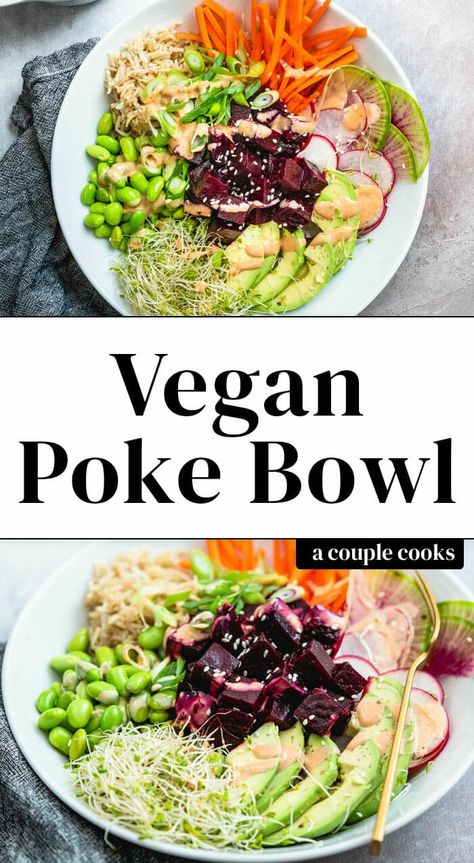 Here's how to make a vegan poke bowl! You'll be surprised at how much flavor comes from marinaded beet poke, colorful veggies and spicy mayo. #vegan #poke #bowl #pokebowl #veganpoke Beet Poke, Ww Vegetarian, Vegan Poke Bowl, Lunch Recipies, Vegan Poke, Poke Mon, Poke Salad, Poke Bowl Recipe, Colorful Veggies