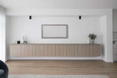 modern living room timber sideboard vj panelling Vj Panelling Living Room, Zephyr And Stone, Vj Panelling, Timber Sideboard, Hanging Tv On Wall, Room 2023, Retreat House, Laminate Colours, House Living Room