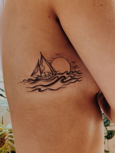 wave tattoo with sailboat and sunset Sunset Tattoo Minimalist, Zee Tattoo, Tattoo Sunset, Sailing Tattoo, Wellen Tattoo, Storm Tattoo, Sailboat Tattoo, Sunset Tattoo, Boat Tattoo