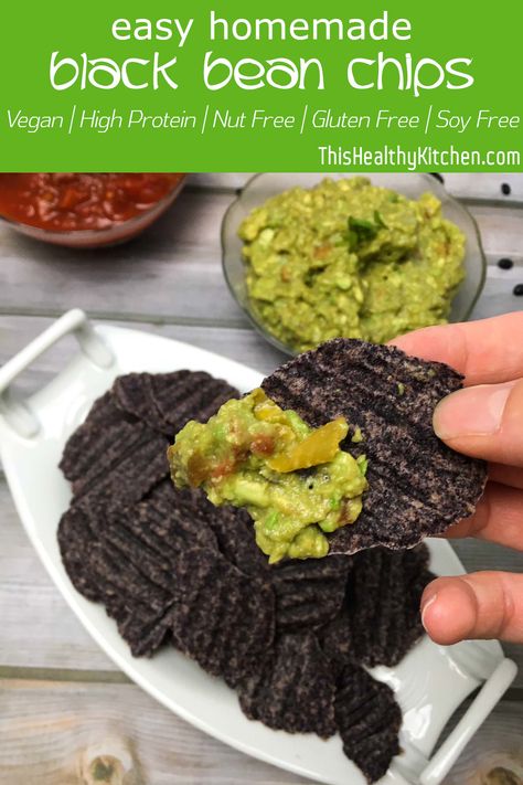 Here's a healthy take on your favourite potato chips. These black bean chips are loaded with protein and completely guilt free. Serve with dip or enjoy solo! #plantbased #healthysnack #vegansnack #blackbean #healthychips #blackbeanchips #easysnack #veganchips #glutenfree #dairyfree #protein #chipanddip Low Carb Sushi, Peanut Butter Protein Cookies, Vegan Chips, Healthy High Protein Snacks, Bean Chips, Healthy Crackers, Healthy Chips, Protein In Beans, Fried Potato