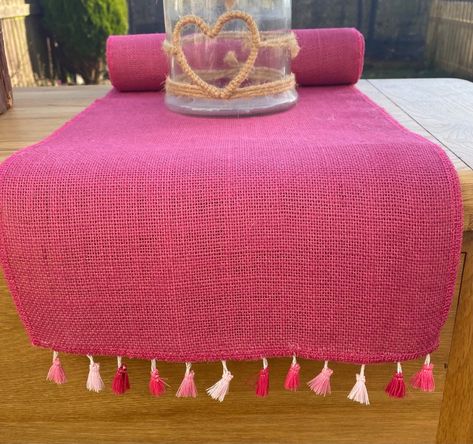 Hessian Fabric, Table Rose, Burlap Table, Pine Table, Burlap Table Runners, Pink Table, Pink Tassel, Wedding Table Decor, Natural Fibre