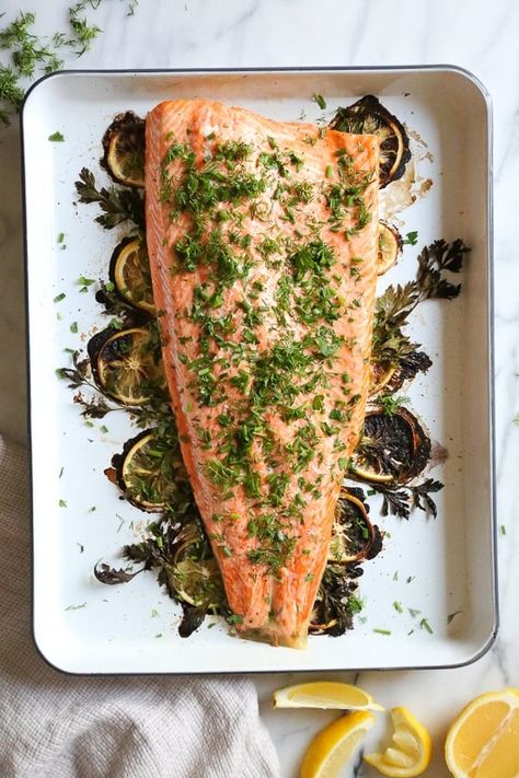 This simple Baked Salmon dish is made with fresh lemon, and lots of fresh herbs such as dill, parsley, chives. Salmon With Fresh Herbs, Skinnytaste Salmon, Garlic Butter Salmon In Foil, Lemon Garlic Butter Salmon, Simple Baked Salmon, Weekday Recipes, Pork Meals, Salmon In Foil, Garlic Butter Salmon