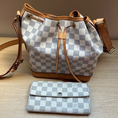 Beautiful Louis Vuitton Noe Bb Crossbody Bag In Beautiful Damier Azur, Great Condition, Honey Patina Of Leather W A Small Water Spot On Bottom (See Pic). Will Include Cinch Closure Repurposed From Neverfull And New Felt Shaper Insert And Lv Damier Azur Wallet Orders Over $500 Ship Free And Include Authentication At Poshmark Headquarters. Date Code Indicates Manufactured 51st Week Of 2012 In France Thank You! Lv Damier Azur, Louis Vuitton Noe Bb, Lv Damier, Damier Azur, Lv Bag, Bag Sale, Louis Vuitton Bag, Patina, Crossbody Bag