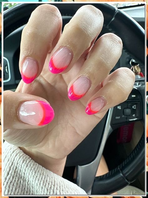 Looking to spice up your nail game? Check out these 7 trendy tips for hot pink and orange nails! From bold designs to subtle accents, we've got nail art ideas that you'll absolutely love. Get ready to make a statement with your manicure and rock those hot pink and orange nails like a boss! Pink French Tip Nails With Orange Line, Spring Nails Full Color, Hot Pink And Orange Nails French Tip, French Tip Pink And Orange, Pink And Orange French Nails, Pink And Orange French Tips, Pink And Orange French Tip Nails, Pink And Orange French Tip, Coral French Tip Nails