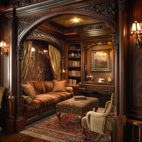 Cozy reading nook alcove Medieval Sitting Room, Storybook Interior Design, Historical Interior Design, Home Library Room, Small Cozy House, Reading Space, Reading Corner Aesthetic, Dream Library Cozy Reading Room, Dark Home Office