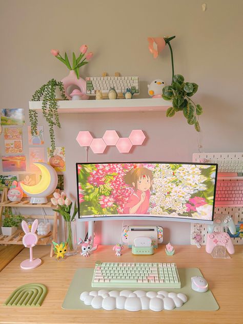 #ghibli #aesthetic #home #living #setup #desk #inspo #gaming Games Room Inspiration, Gaming Desk Setup, Cozy Desk, Study Desk Decor, Gamer Room Decor, Study Room Decor, Room Desk, Cute Desk, Gaming Room Setup