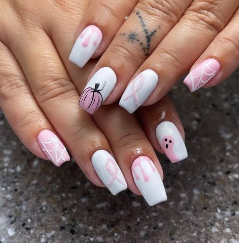 Pink Ribbon Nails, Halloween Nail Colors, Nail Art Halloween, Nails Arts, Cute Halloween Nails, Pumpkin Nails, October Nails, Nail It, Uñas Acrilicas