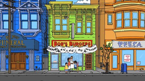 All the stores next to Bob's Burgers Maxi Pads, Large Apartment, Tv Funny, Burger Restaurant, Bob's Burgers, Burger Bar, Opening Credits, Bobs Burgers, The Cartoon