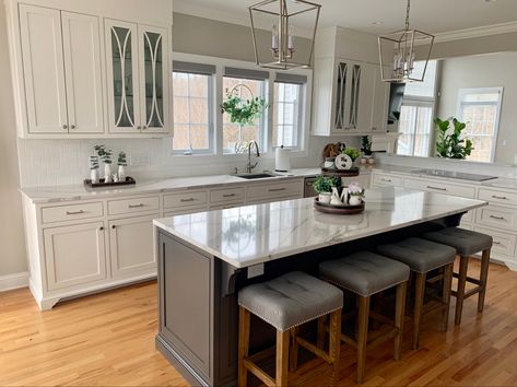 Chantal white cabinets and charcoal gray island White Kitchen With Charcoal Island, White Kitchen Charcoal Island, Dark Gray Island, Charcoal Kitchen Island, Gray Island White Cabinets, Charcoal Kitchen, Gray Island, Kitchen Reno, White Kitchen Cabinets