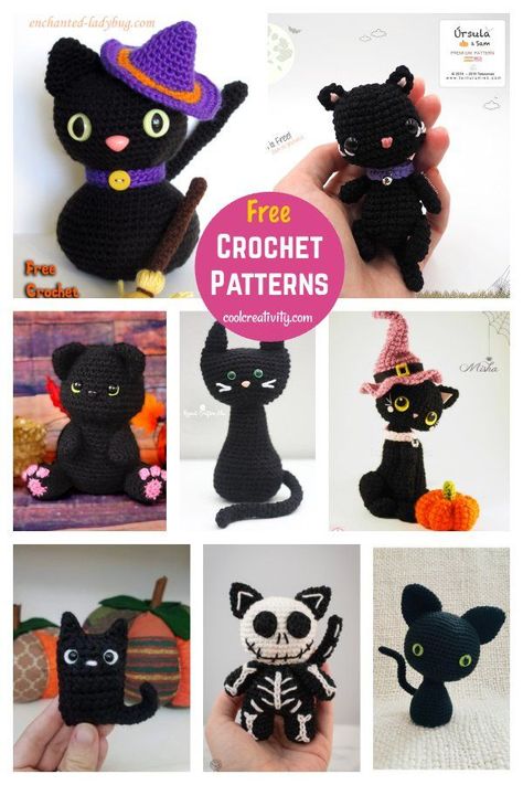 Black Cat Crochet Pattern Free, Halloween Doily, Cat Free Crochet Pattern, Crochet Craft Fair, Kat Haken, Halloween Puppy, Amigurumi Projects, Pillow Covers Pattern, Halloween Hat