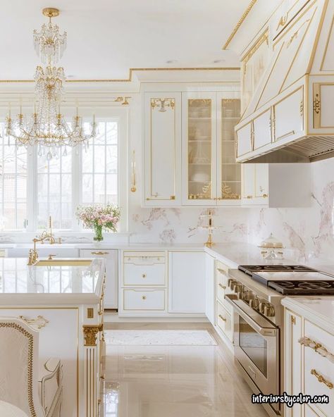 White Kitchen with Gold Accents - Interiors By Color White And Gold Utility Room, Cream And Gold Kitchen, White Kitchen With Gold Accents, White And Gold Kitchen Ideas, Kitchen Countertops White Cabinets, Kitchen With Gold Accents, Modern Gold Kitchen, Quartzite Kitchen Countertops, White And Gold Kitchen