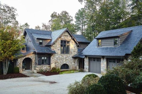 Whimsical lakeside cottage retreat with cozy interiors on Lake Keowee Stone Exterior Houses, Rustic Lake Houses, Lake Houses Exterior, Lake Keowee, Cottage Retreat, Lakeside Cottage, Cottage Interiors, Exterior Stone, Cottage Design