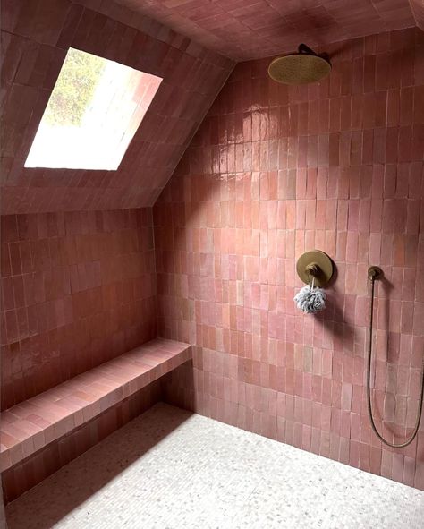 Zia Tile | How we pink: a sunny statement shower in our Desert Bloom bejmat zellige by @well__received. | Instagram Zellige Tile Bathroom, Desert Interior Design, Interior Design Pink, Pink Tile Bathroom, Zia Tile, Attic Ideas, Shower Tiles, Desert Bloom, Dream Shower