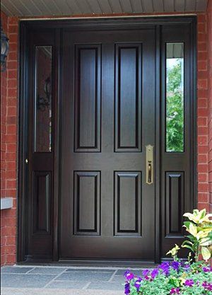 Custom wood door with side light Louver Door, Front Door Design Ideas, Front Door With Sidelights, Brown Front Doors, Sliding Mirror Closet Doors, Door With Sidelights, Doors For Bedrooms, Mirror Closet, House Main Door