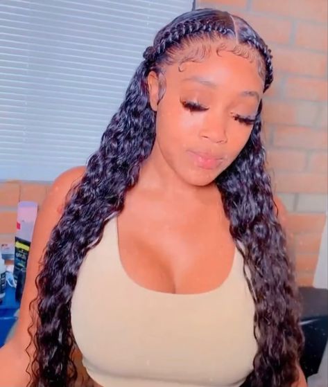 2 Braids In Front Curly Hair In Back, Curly Frontal Wig Hairstyles With 2 Braids, Two French Braids With Sew In, Deep Wave Hairstyles With Braids, Deep Wave With Braid, Deep Wave Wig Styles With Braids, Two Braids With Curly Hair In The Back, 2 Braids Lace Front Wigs, Deep Wave Wig With Two Braids