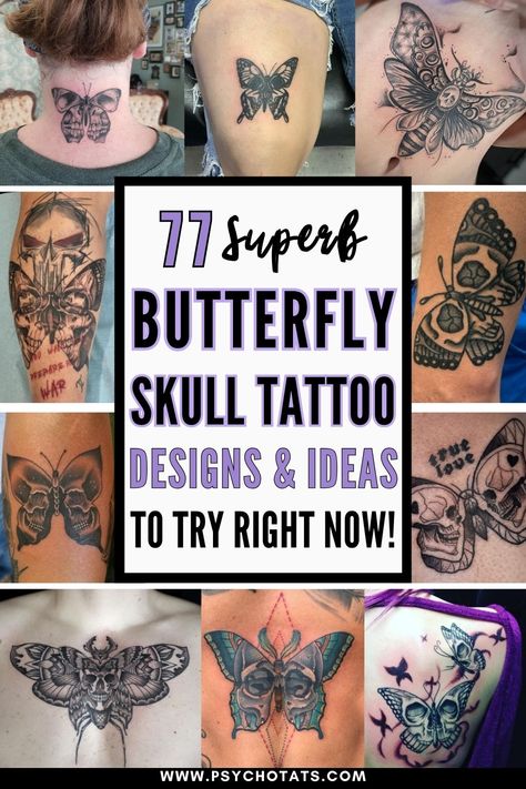 Butterfly Skull Tattoo Butterfly Skull Tattoo For Women, Butterfly With Skull Tattoo, Skull And Butterfly Tattoo, Butterfly Skull Tattoo, Skull Tattoo Ideas, Skull Butterfly Tattoo, Ethereal Butterfly, Nature Tattoo Sleeve, Butterfly Skull