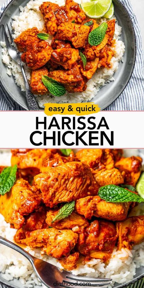 Do yourself a favor and try this harissa chicken recipe asap! Tender bites of chicken are marinated in a spicy, smokey, garlicky sweet sauce and sauteed to a juicy, golden brown. Harissa Uses, Harrisa Chicken Recipes, Harissa Chicken Recipes, Harissa Recipes, Disney Night, Zesty Chicken, Harissa Chicken, Simple Family Meals, Chicken Tagine