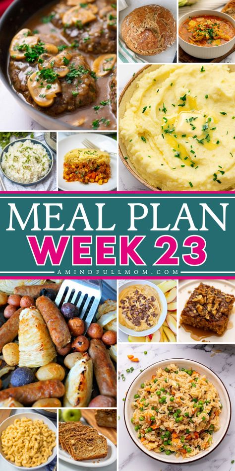 "My Free Meal Plans will help you save time, money, and enjoy wholesome, delicious meals!  Week 23's Meal Plan includes a recipe for poor man's steak, a creative spin on tacos, and a 15-minute copycat favorite.

" Poor Meals, Meal Plan Week, Rice On The Stove, Apples And Cheese, Free Meal Plans, Free Meal, 30 Minute Meals, Sheet Pan Recipes, Easy Family Meals