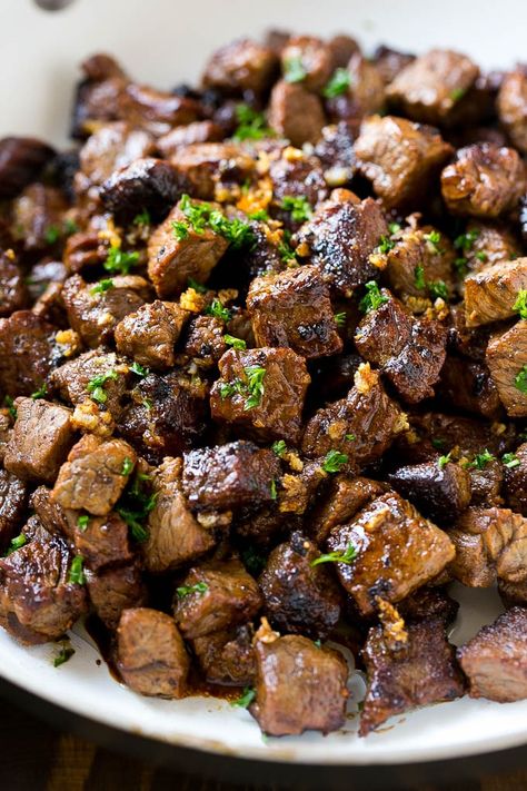 Steak Bites in Garlic Butter Recipe What To Make With Beef, Steak Bites With Garlic Butter, Beef Cubes, Beef Steak Recipes, Grilled Steak Recipes, Garlic Butter Steak, Seared Steak, Steak Fajitas, Steak Bites