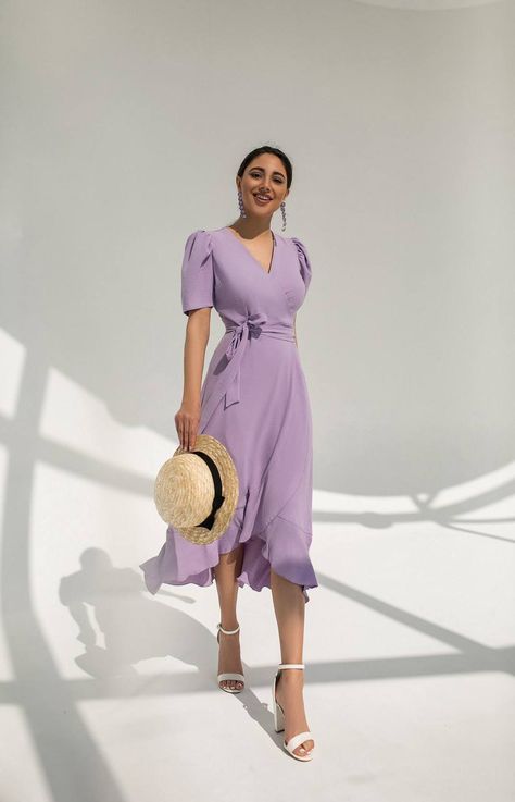 Lavender Floral Dress Casual, Beautiful Wrap Dresses, Pastel Casual Dress, Lilac Wrap Dress, Lavender Dresses For Women, Lilac Formal Dress Midi, Pastel Dresses Casual, Formal Midi Dress With Sleeves, Lavender Dress Outfit Casual