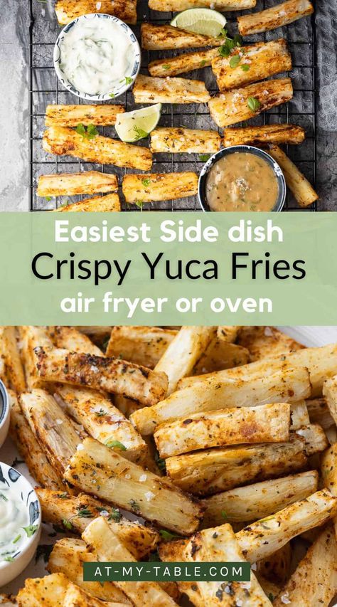 Need an easy side dish for dinner or a BBQ? These crispy yuca fries are perfect! Made in the air fryer or oven, they are seasoned with traditional Brazilian spices and lime. Naturally gluten-free and low glycemic, these fries are a unique and delicious addition to any meal. Yuca Fries Air Fryer, Yuca Fries, Fries Air Fryer, Yuca Recipes, Side Dish For Dinner, Unique Side Dishes, Brazilian Bbq, Healthy Plant Based Recipes, Easy Side Dish