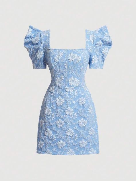 Blue Dresses Short, Comfy Jumpsuits, Dress For Spring, Blue And White Style, Shein Dress, Square Neck Dress, Puff Sleeve Dress, Floral Jacquard, Fabric Floral