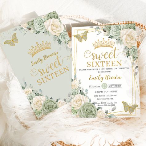 Sweet Sixteen Decorations, Gold Sweet 16, Quince Invitations, 16th Birthday Invitations, Sage Green Floral, Sweet 16 Invitations, Sweet 16 Birthday, Gold Butterfly, Sweet Sixteen