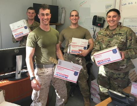 ​We love getting emails and photos like these!   "​Dear Operation Gratitude​: ​My ​Soldiers and our Marine counterparts were super happy as we received some care packages from you.​ ​Thank you for taking the time to do that and just know that it's very much appreciated.​ ​vr,​ ​1LT ​S.L." Operation Gratitude, Care Packages, An Email, Super Happy, Care Package, Our Love, Gratitude, Soldier, Opera