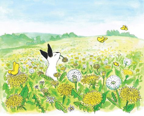 by Marieke Coenen (06/04/19) #Spring #Summer #Dandelions A Field Of Dandelions, Field Of Dandelions, Flower Postcard, Happy Rabbit, Postcard Paper, Cards To Make, Ink And Watercolor, Colored Envelopes, Nature Illustration