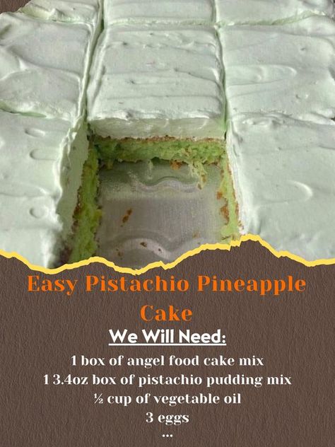 Tropical Pistachio Pineapple Cake, Pistachio Pineapple Cake, Pistachio Pudding Cake, Pineapple Delight, Pineapple Bread, Angel Food Cake Desserts, Pineapple Cake Recipe, Angel Food Cake Mix Recipes, Pistachio Pudding